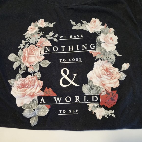 Black Floral Print T-shirt with Quote, sz XS-S - Picture 2 of 3